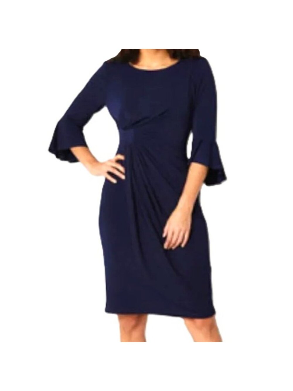 Connected Petite Side-Tab Sheath Dress Jersey Knit Pull On Navy Size 8P NWT